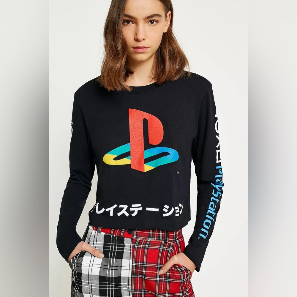 Long Sleeve Shirt Multicolor PlayStation Logo Japanese letters crop y2k vintage